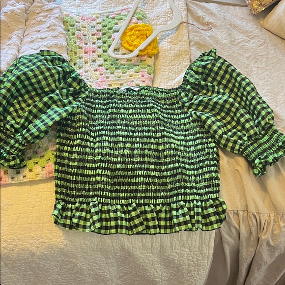 Zara Lime Green and Black Checkered Blouse - Picture 1 of 4